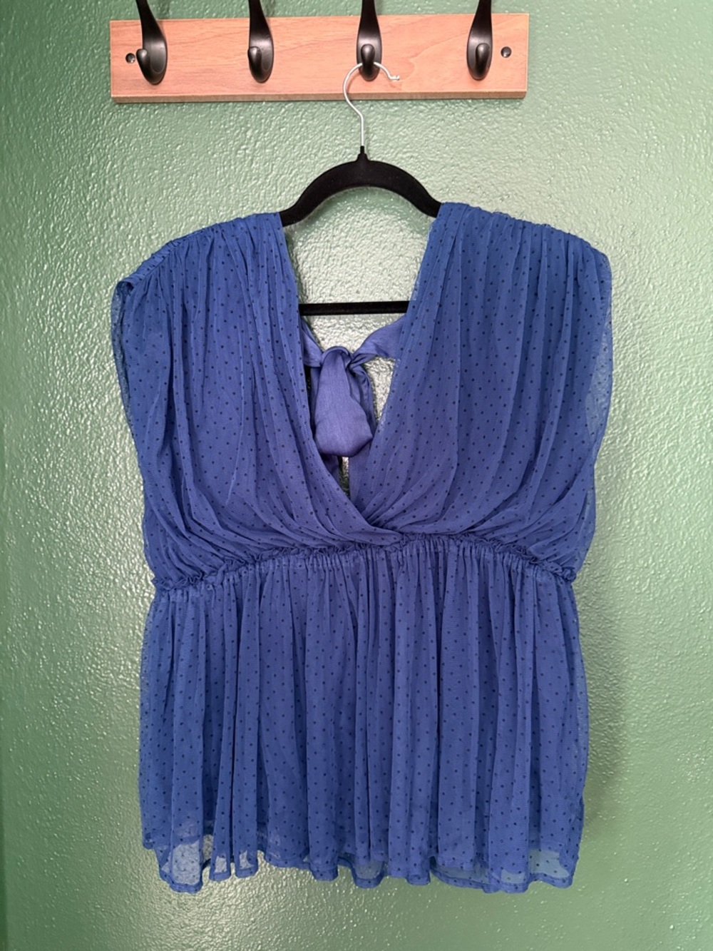 Anthropologie Royal Blue Swiss Dot V-Neck Tie-Back Blouse